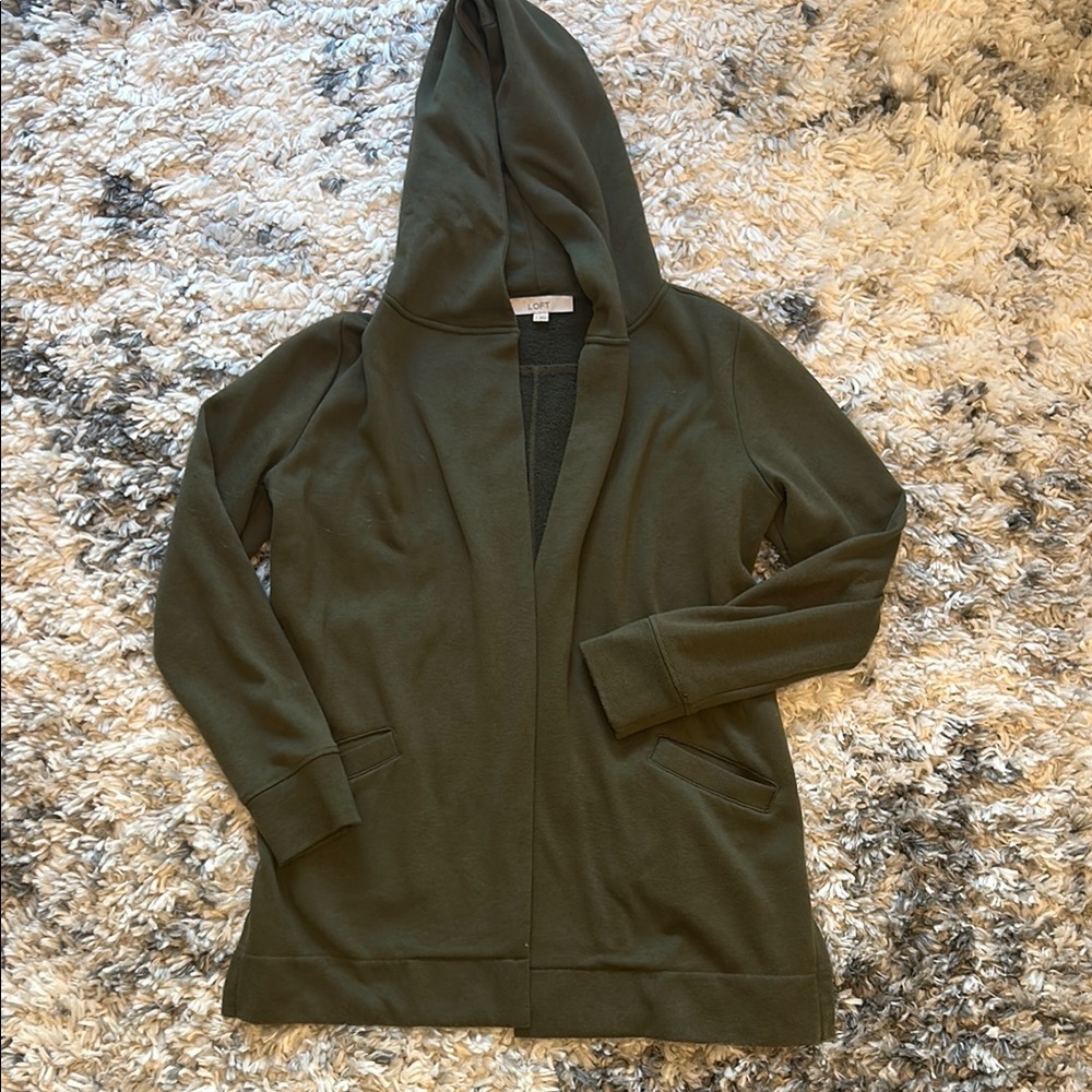 LOFT Olive Hooded Sweater with pockets size small. Material is piling throughout